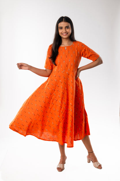 Orange Pure Ikkat Cotton Flared One Piece Dress