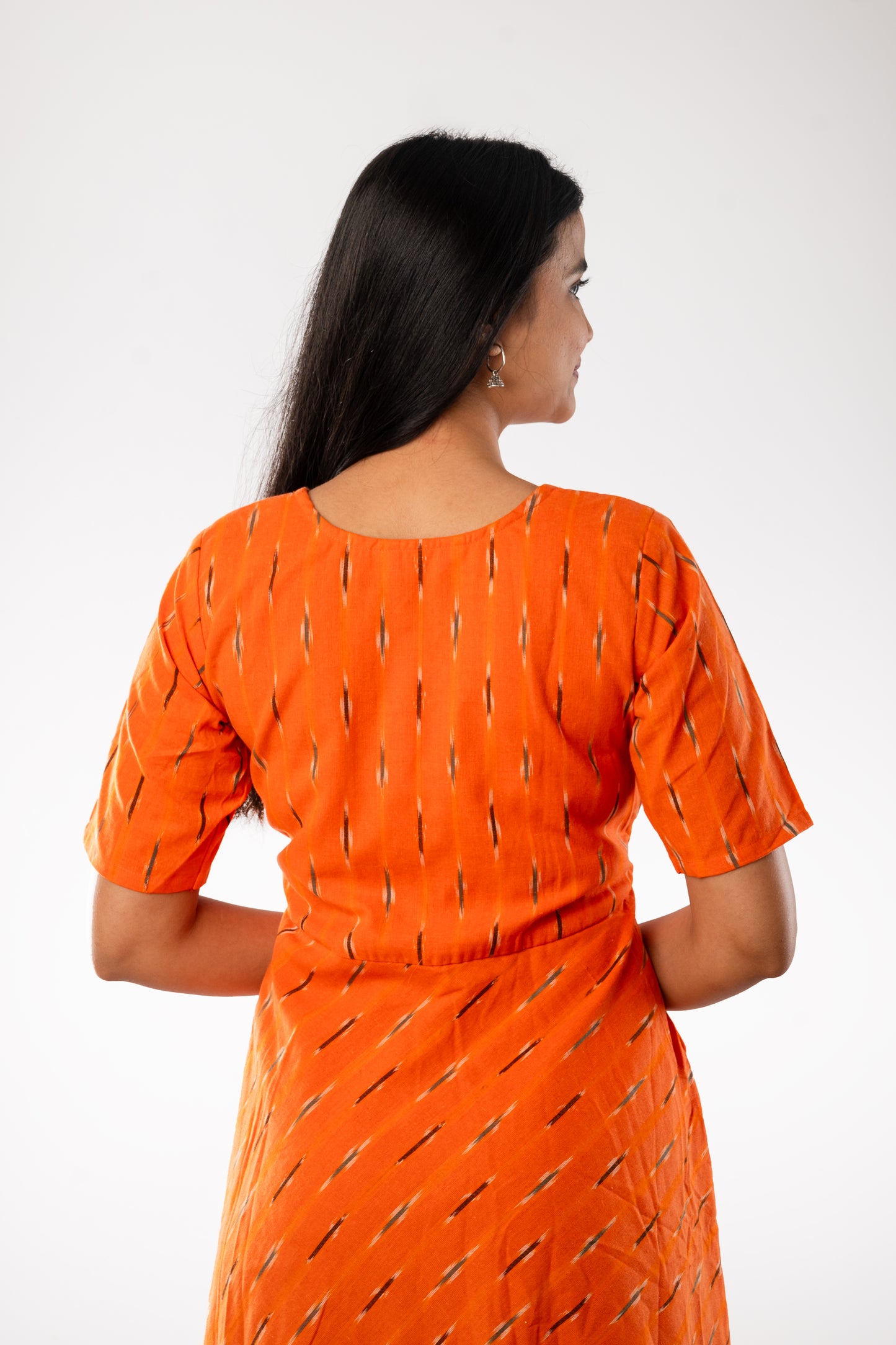 Orange Pure Ikkat Cotton Flared One Piece Dress Sarii by PnP Creations Orange Pure Ikkat Cotton Flared One Piece Dress Sarii by PnP Creations