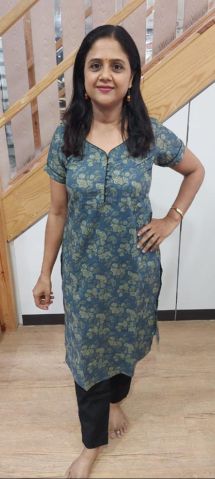 Perssian Blue Pure Cotton Printed Kurta