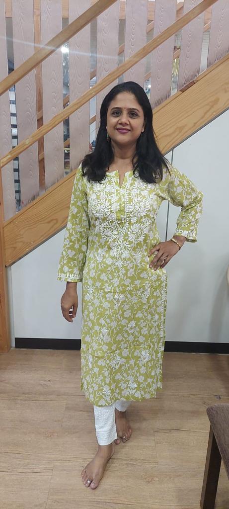 Parrot Green Mul Chikankari Long Kurta