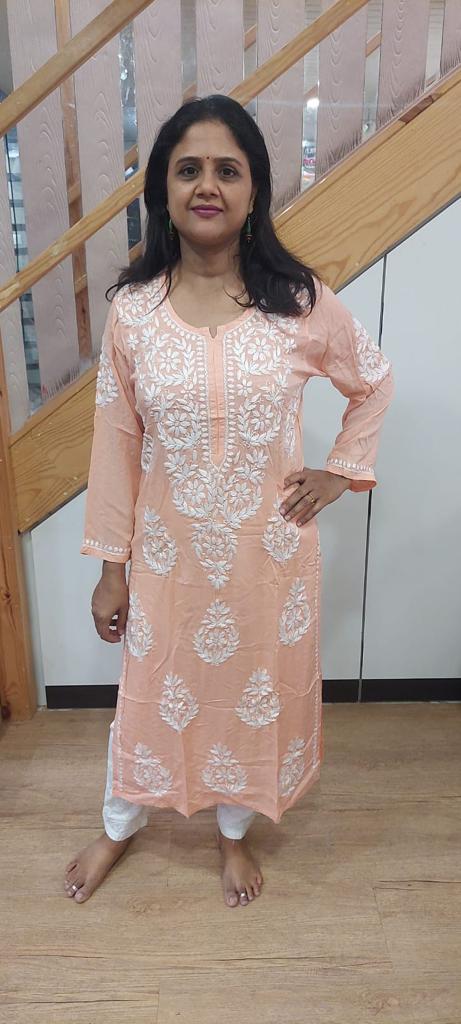 Peach Modal Chikankari Long Kurta