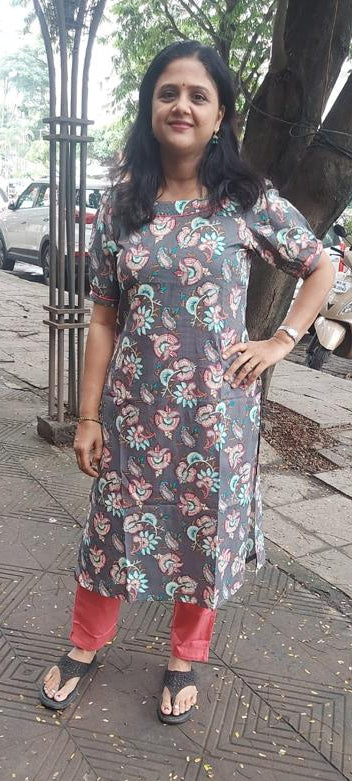 Gray Pure Cotton Printed Kurta