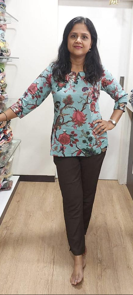 Sea Green  Cotton Printed Short Top