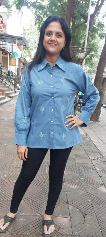Denim Blue Pure Cotton With Embroidered Shirt