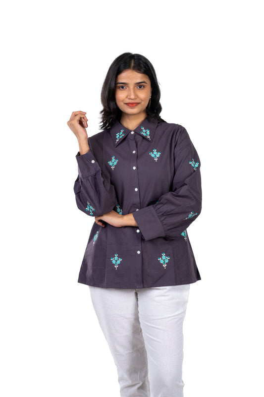 Blue Gray Pure Cotton Embroidered Shirt