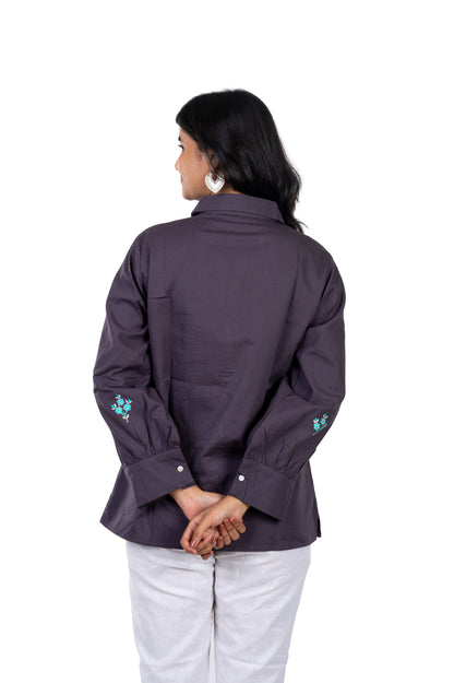 Blue Gray Pure Cotton Embroidered Shirt