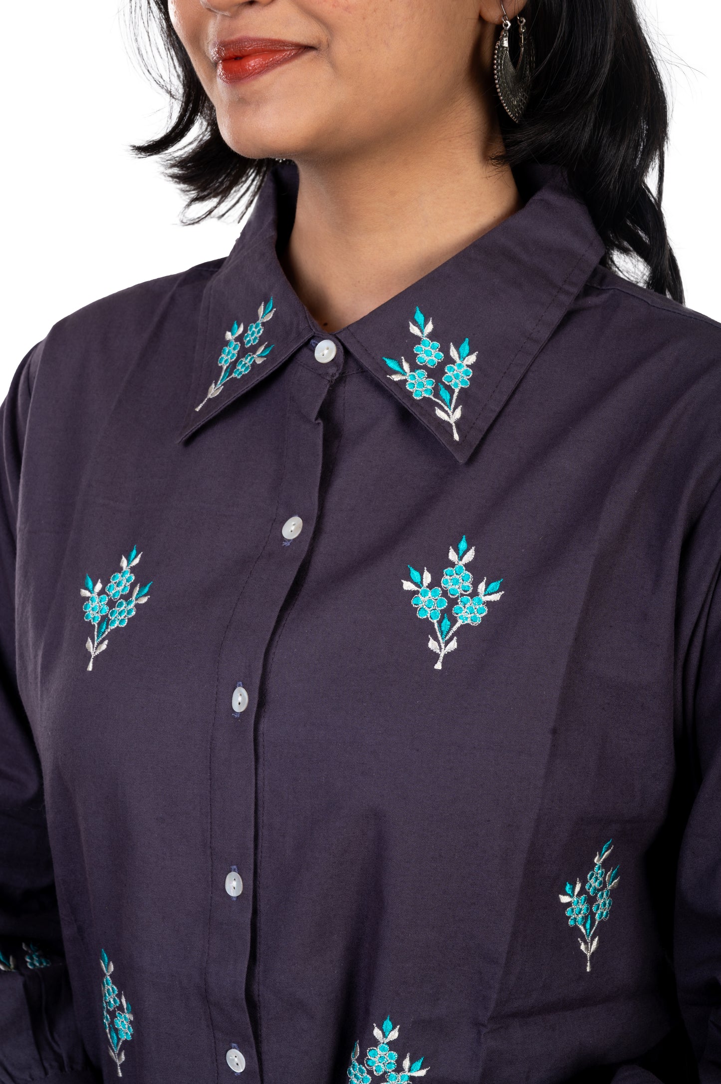 Blue Gray Pure Cotton Embroidered Shirt