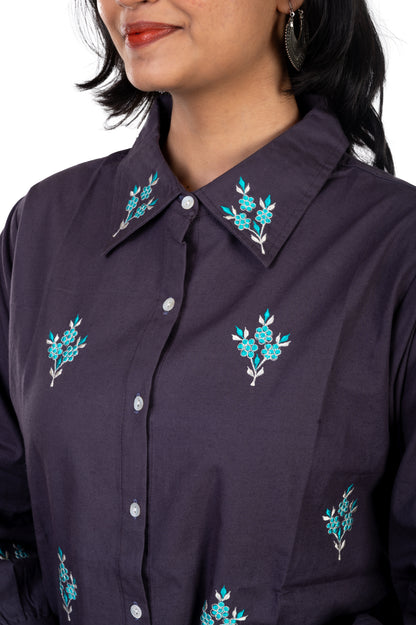 Blue Gray Pure Cotton Embroidered Shirt