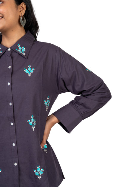 Blue Gray Pure Cotton Embroidered Shirt