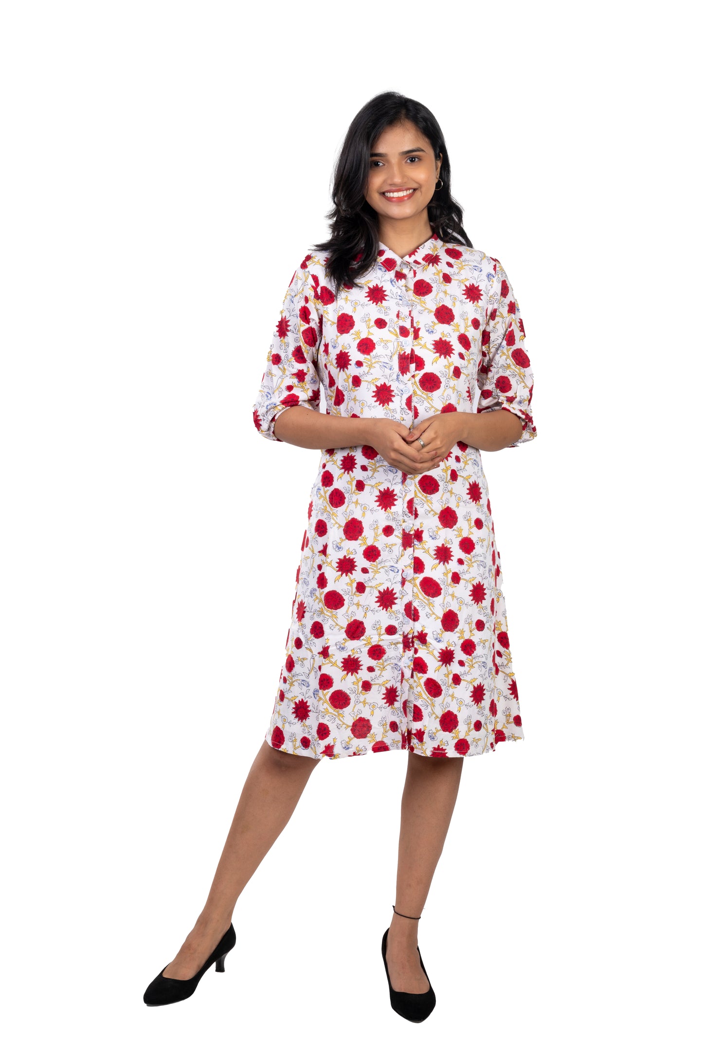 White Rayon Knee Length Shirt Dress