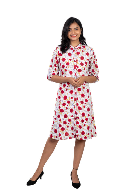 White Rayon Knee Length Shirt Dress