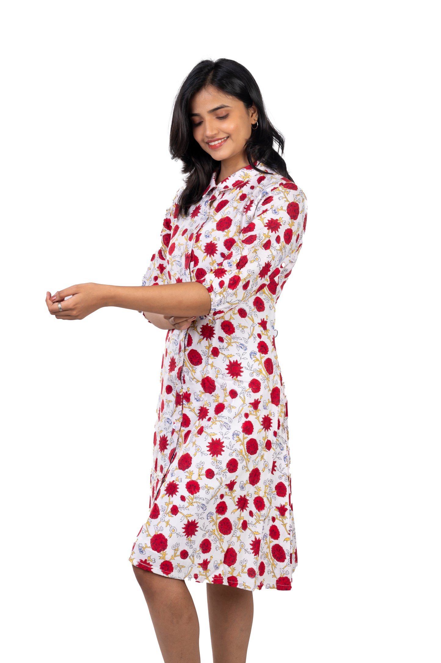 White Rayon Knee Length Shirt Dress
