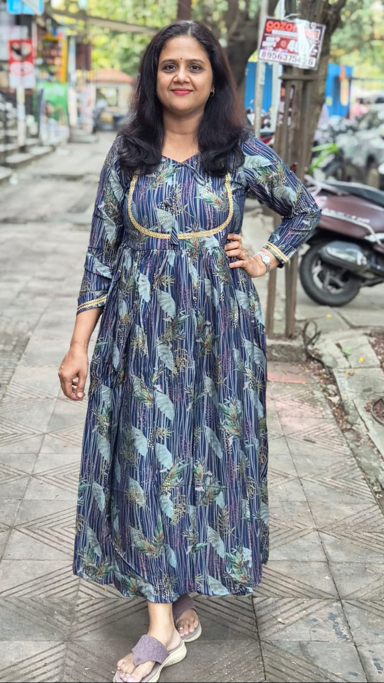 Navy Blue Muslin Festive Long One Piece