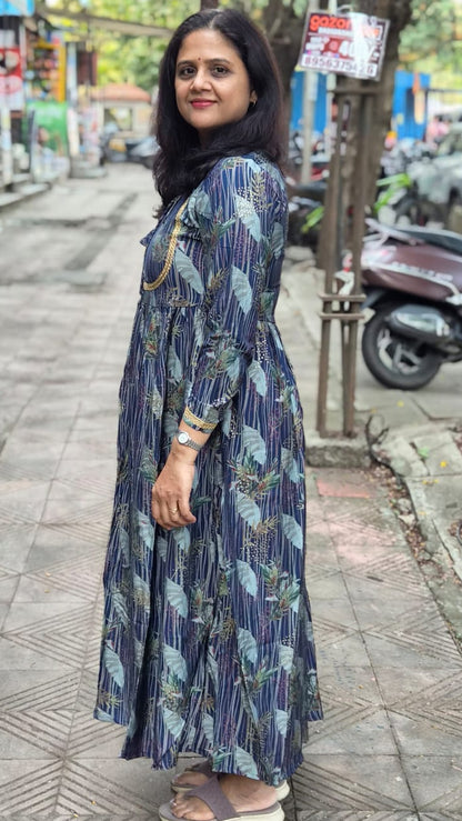 Navy Blue Muslin Festive Long One Piece