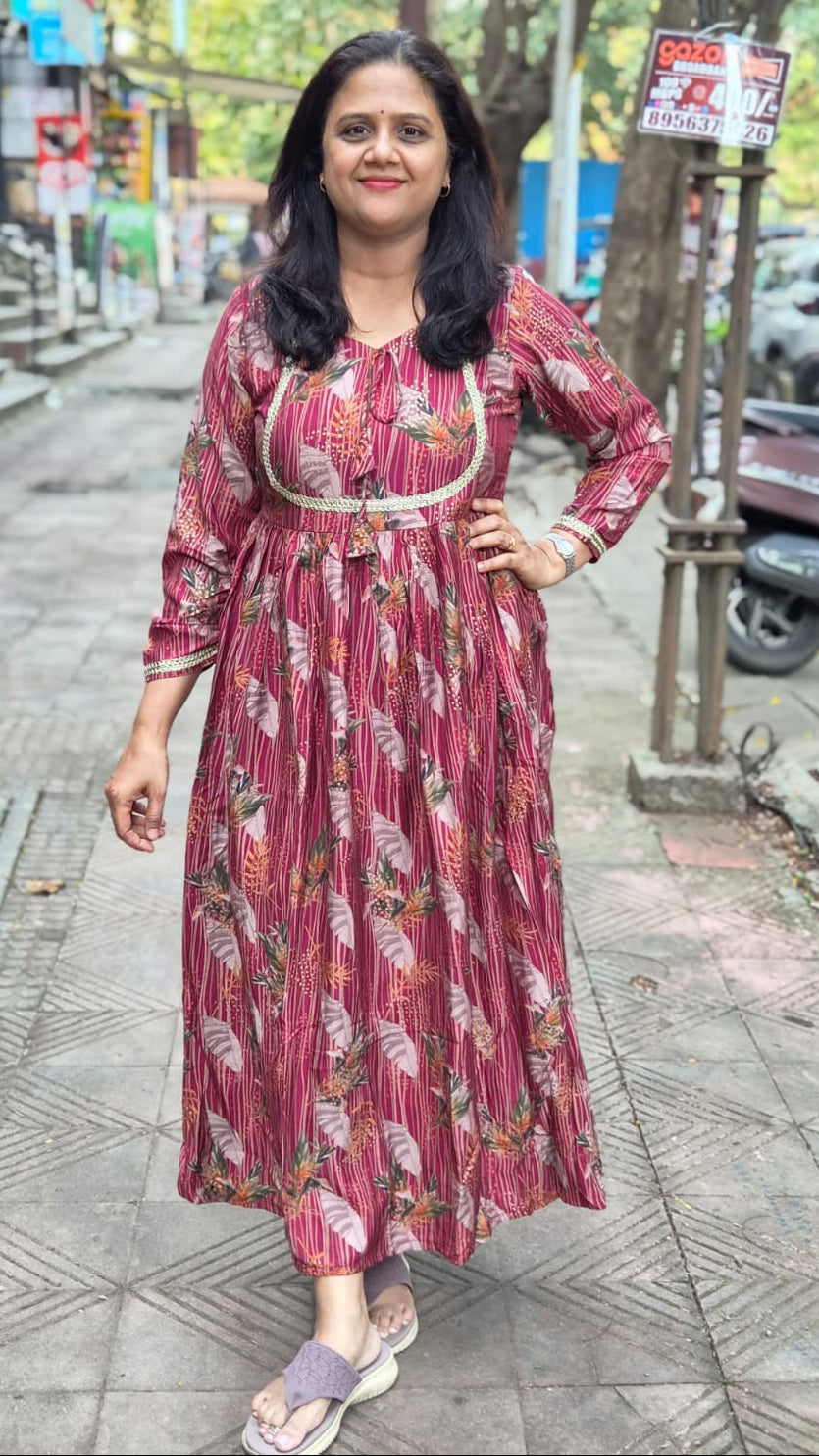 Maroon Muslin Festive Long One Piece