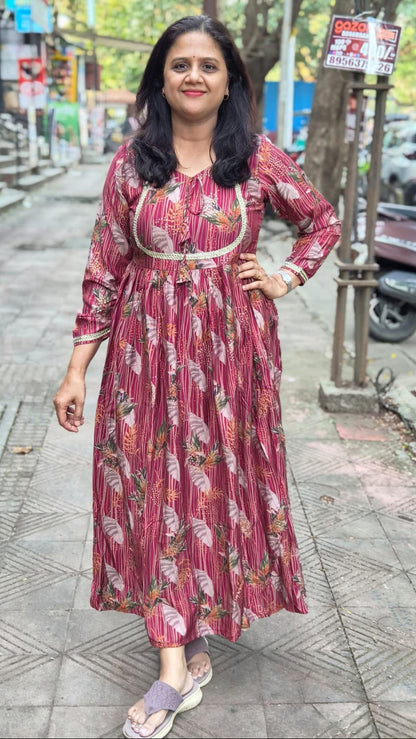 Maroon Muslin Festive Long One Piece
