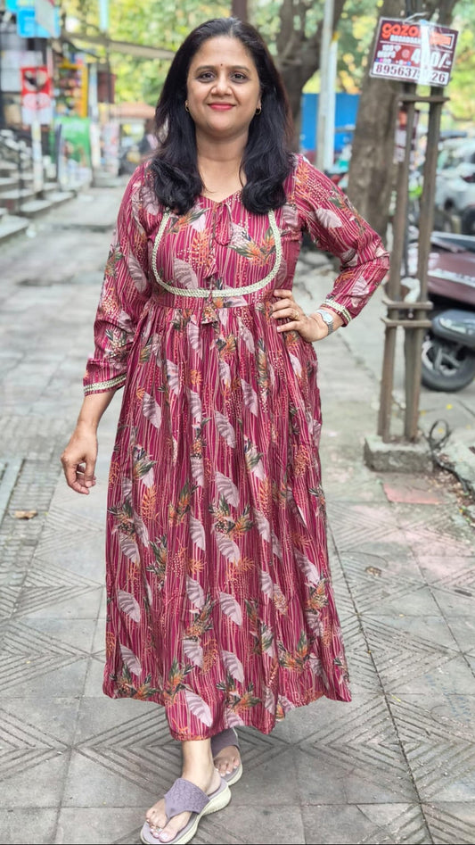 Maroon Muslin Festive Long One Piece
