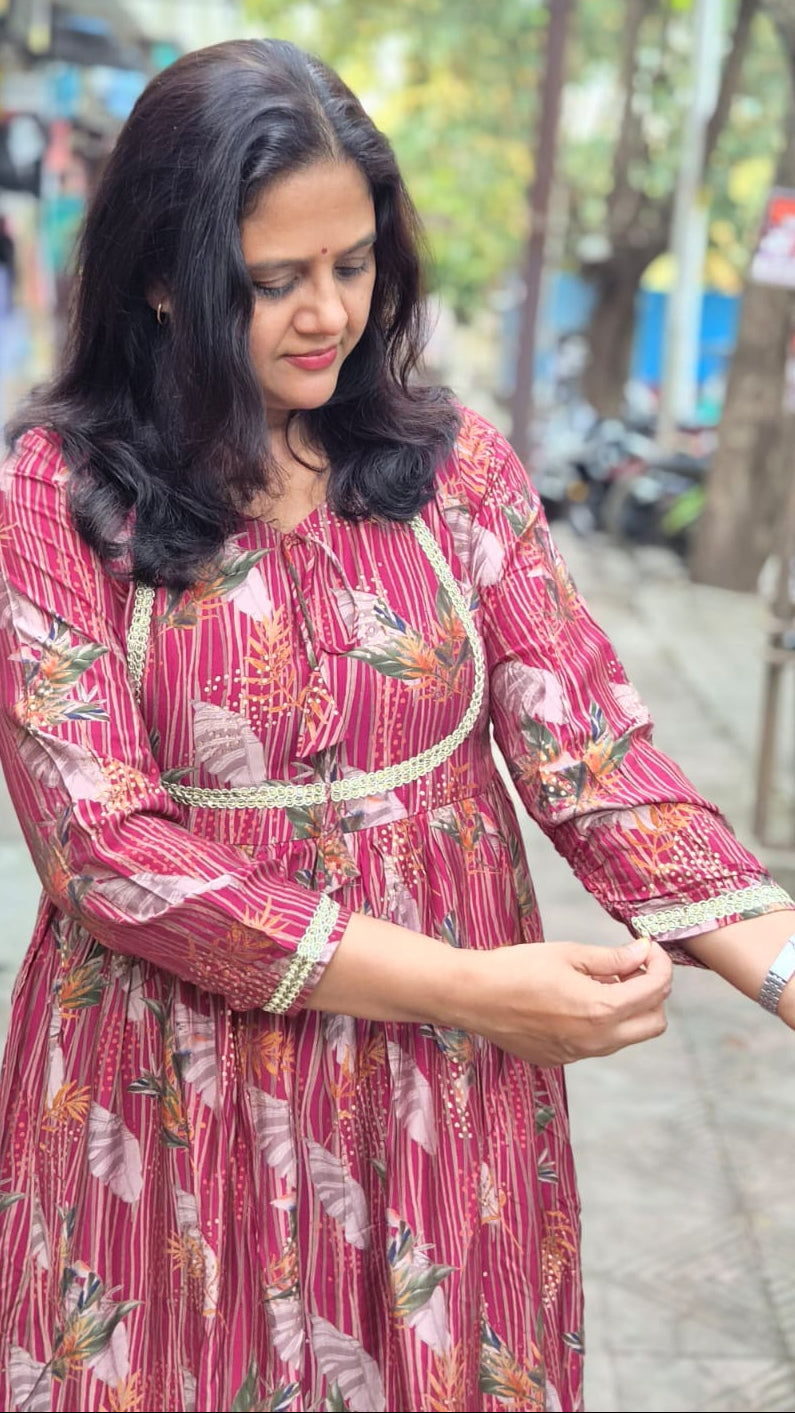 Maroon Muslin Festive Long One Piece