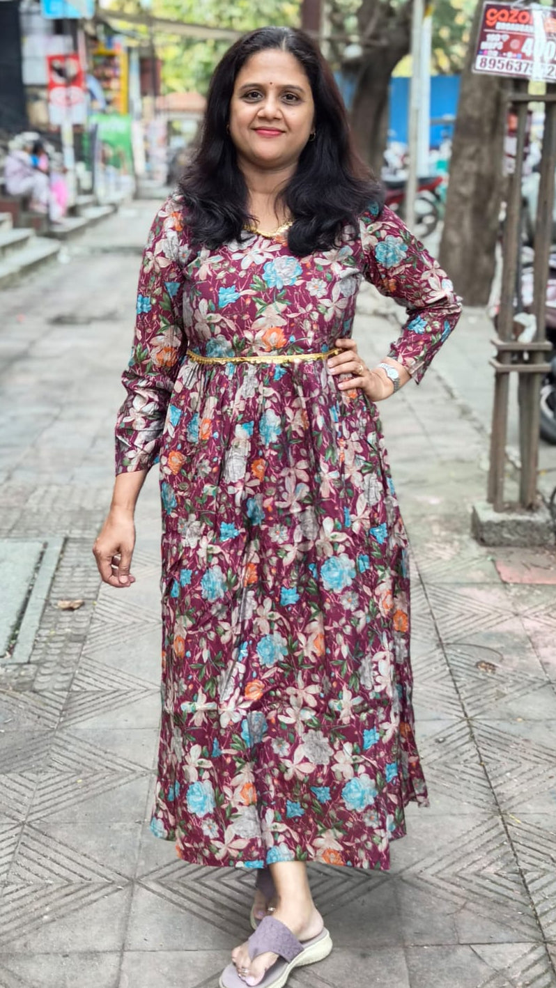 Wine Chanderi Modal Festive Long One Piece