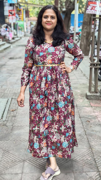 Wine Chanderi Modal Festive Long One Piece