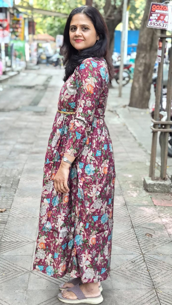 Wine Chanderi Modal Festive Long One Piece