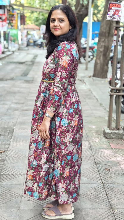 Wine Chanderi Modal Festive Long One Piece