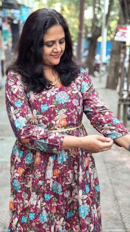 Wine Chanderi Modal Festive Long One Piece
