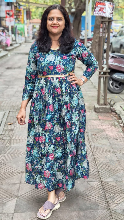 Navy Blue Chanderi Modal Festive Long One Piece