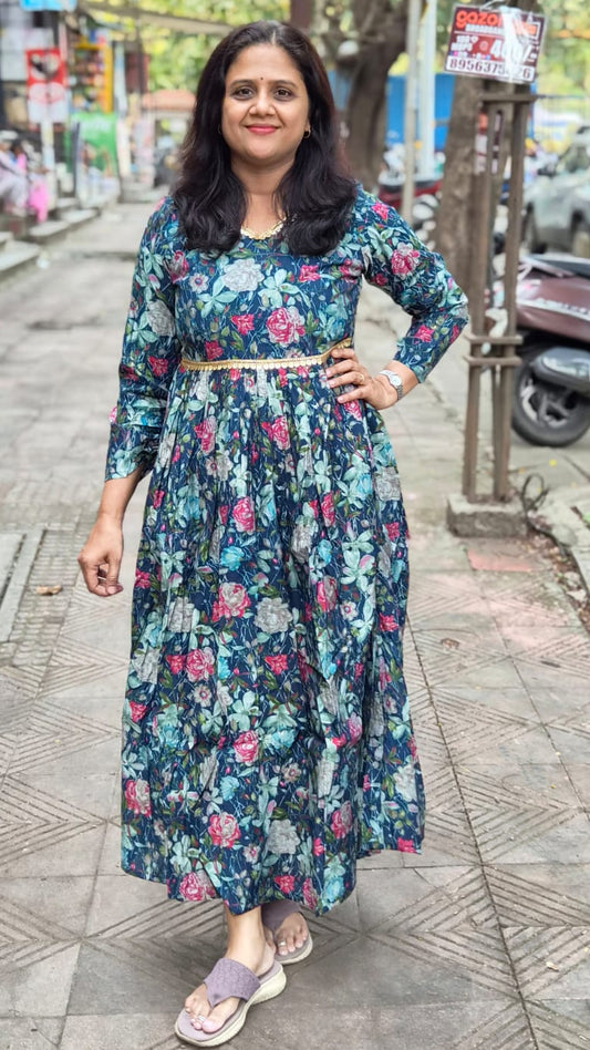 Navy Blue Chanderi Modal Festive Long One Piece