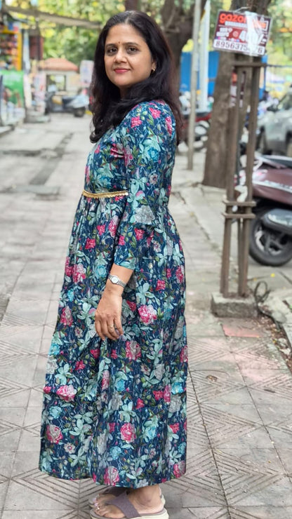 Navy Blue Chanderi Modal Festive Long One Piece