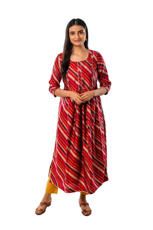 Red Chanderi Foil Festive Long Kurta