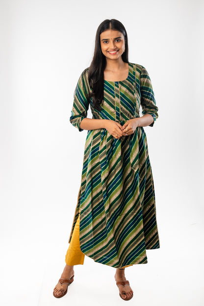 Green Chanderi Foil Festive Long Kurta