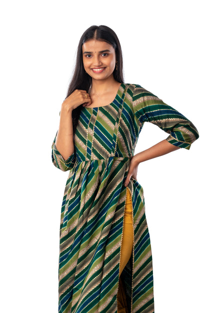Green Chanderi Foil Festive Long Kurta