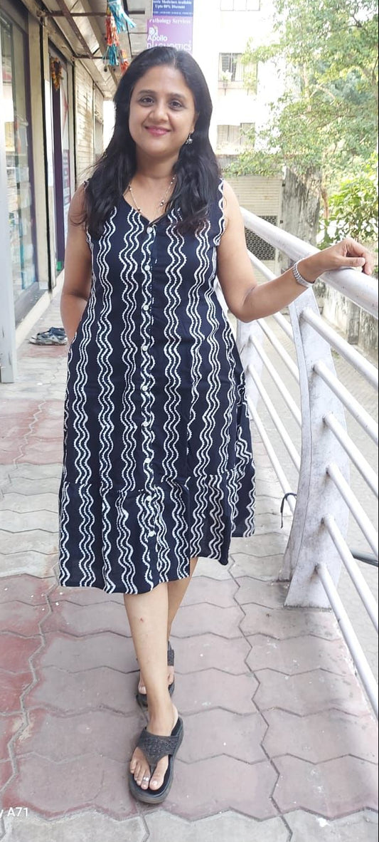 Black Printed front open One Piece