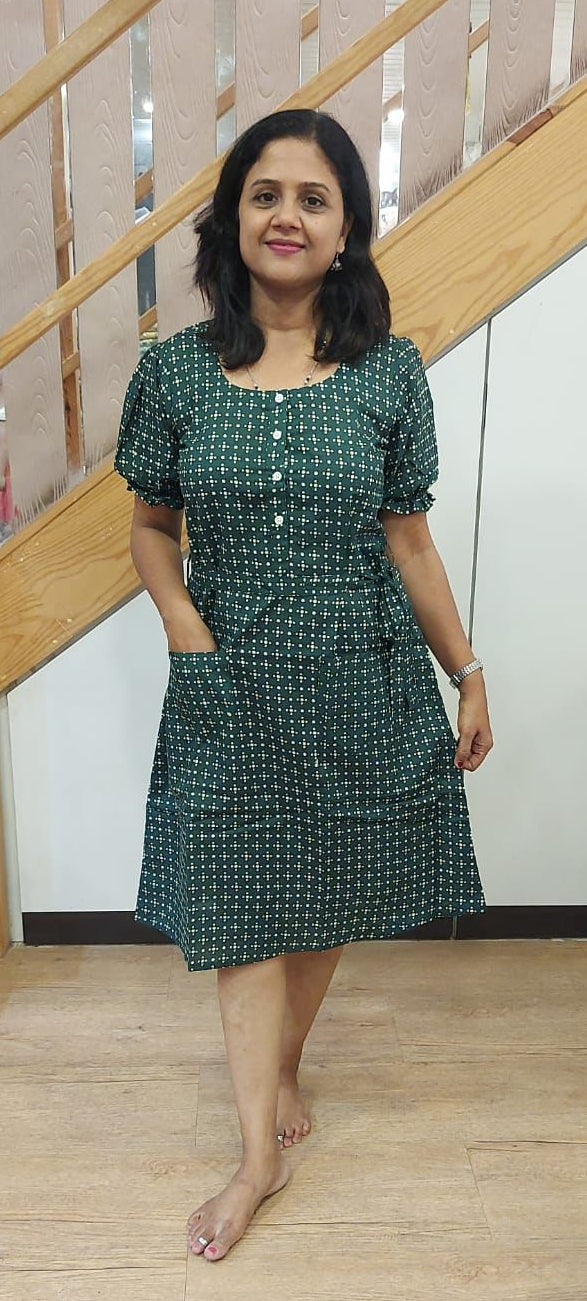 Bottle Green Pure Cotton Printed Knee Length One-Piece