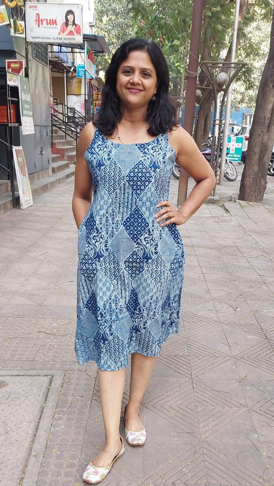 Indigo Pure Cotton Printed Spaghetti One Piece