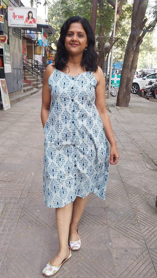 Indigo Pure Cotton Printed Spaghetti One Piece