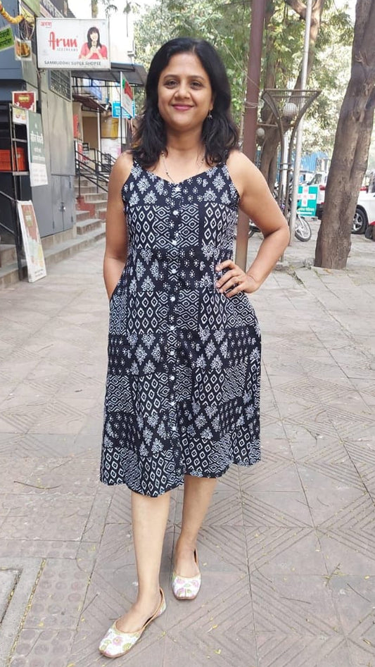 Black Pure Cotton Printed Spaghetti One Piece