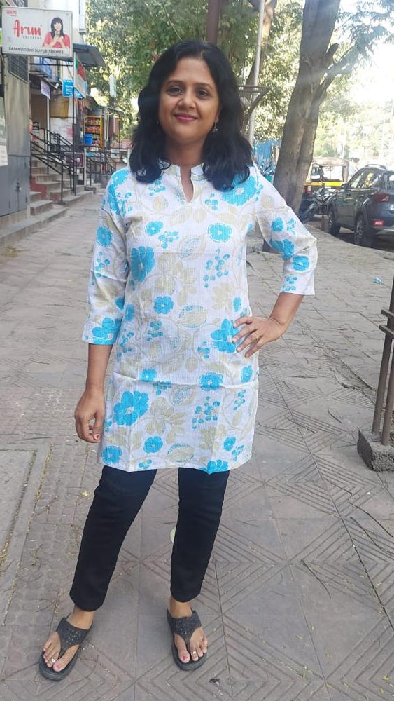 Sea Green Kantha Cotton Knee Length Short Top