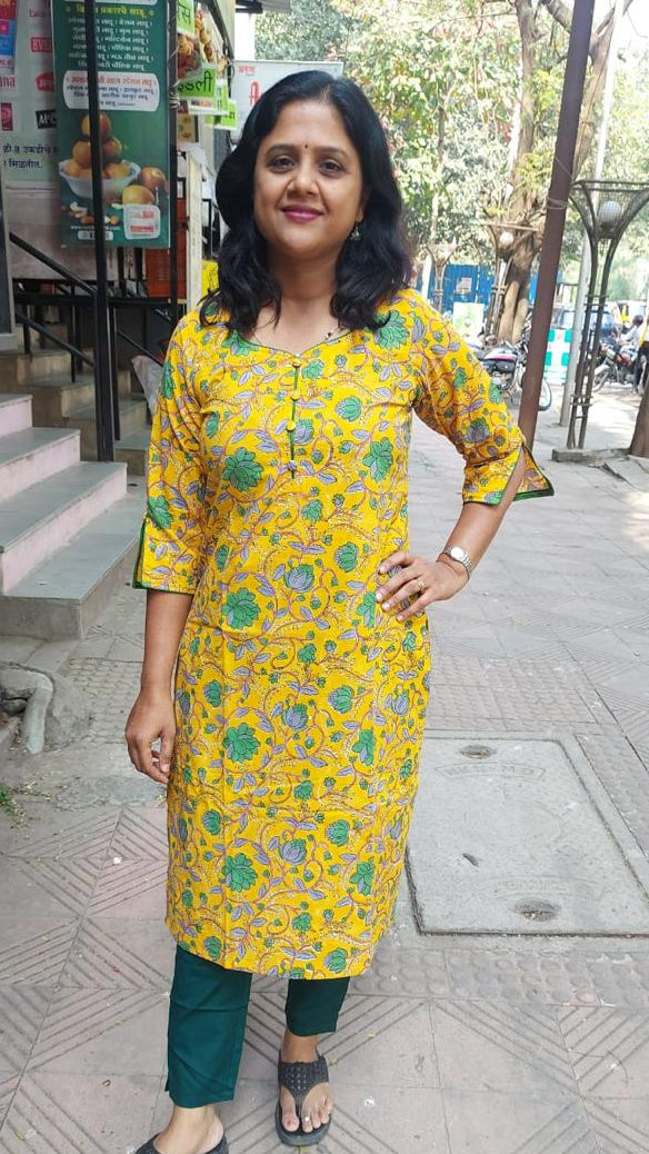 Mango Yellow Pure Cotton Printed Kurta