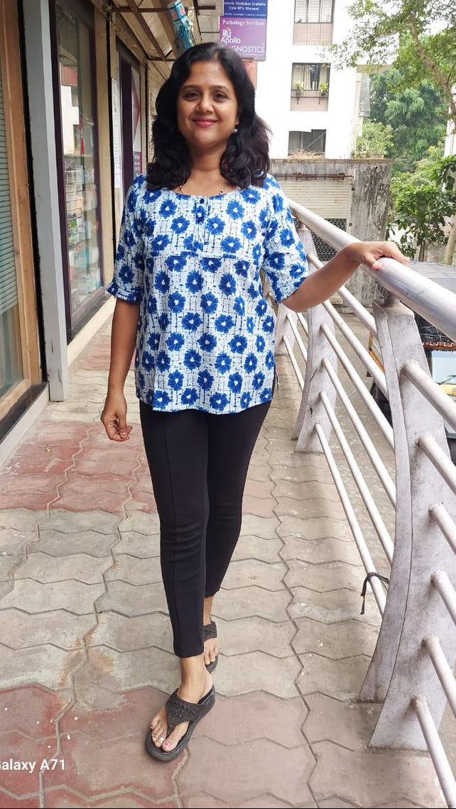 Blue Pure Cotton Printed Short Top