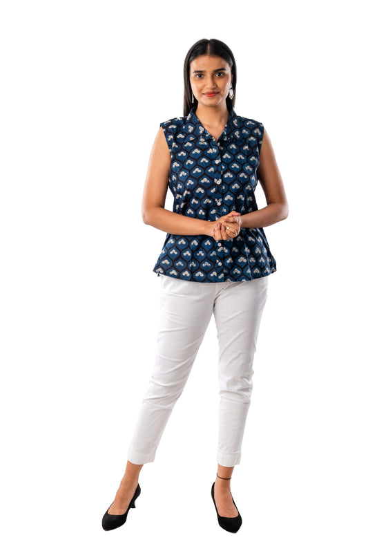 Indigo Pure Cotton Sleeveless Shirt