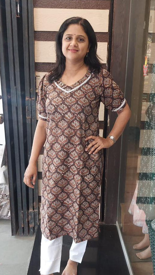 Brown Pure Cotton Dabu Hand Block Printed Long Kurta