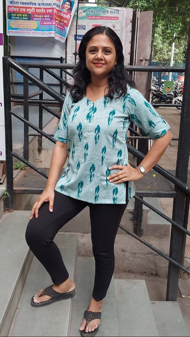 Tea Green Ikat Sleeved Short Top
