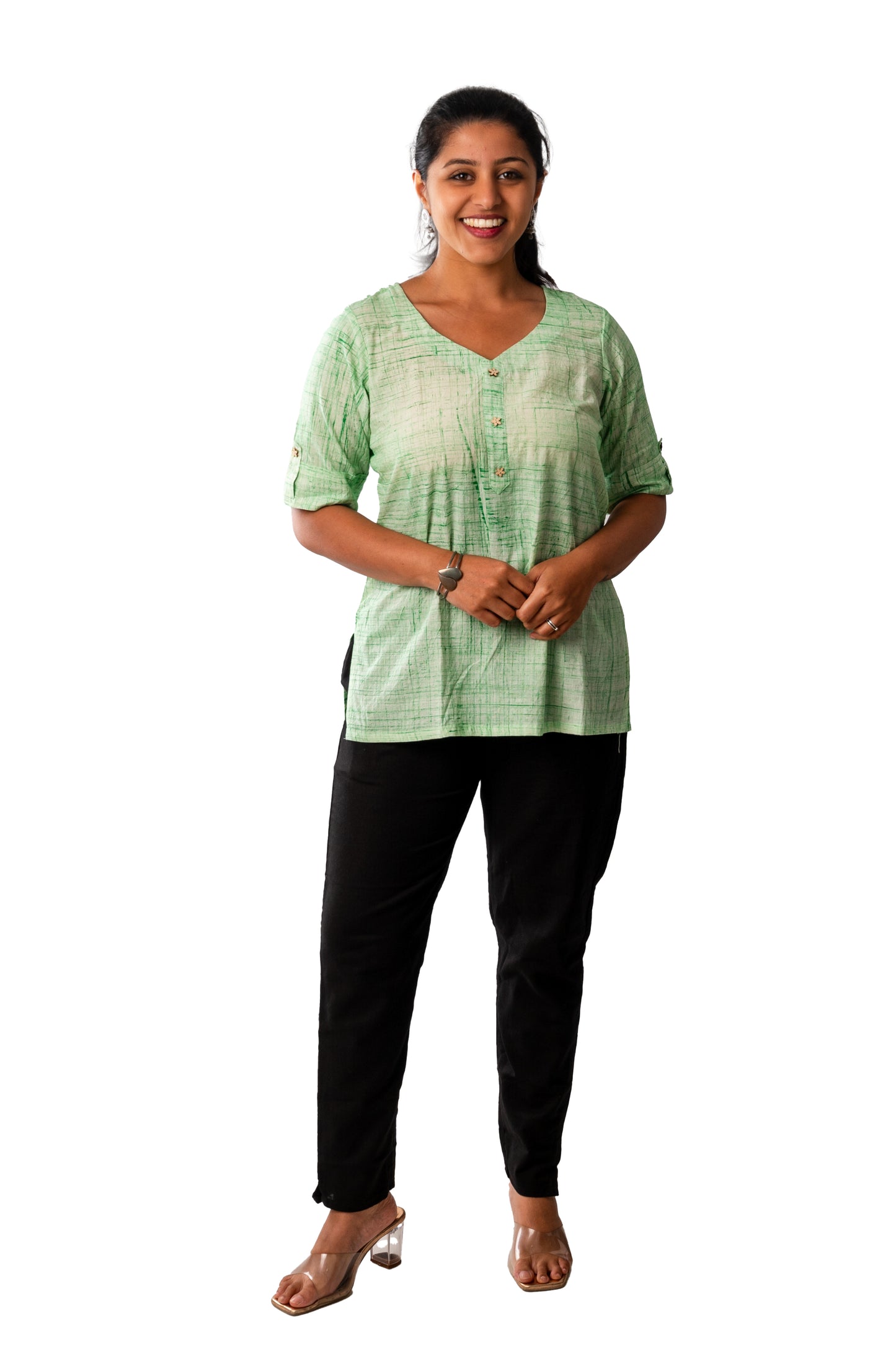 Pista Green Brush Ajrakh Short Top