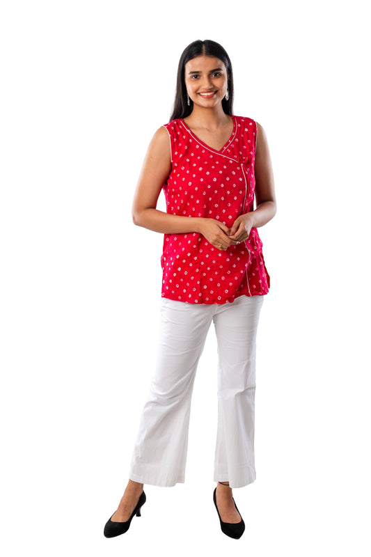 Ruby Pink Bandhani Sleeveless Angarkha Top