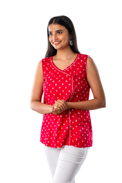 Ruby Pink Bandhani Sleeveless Angarkha Top