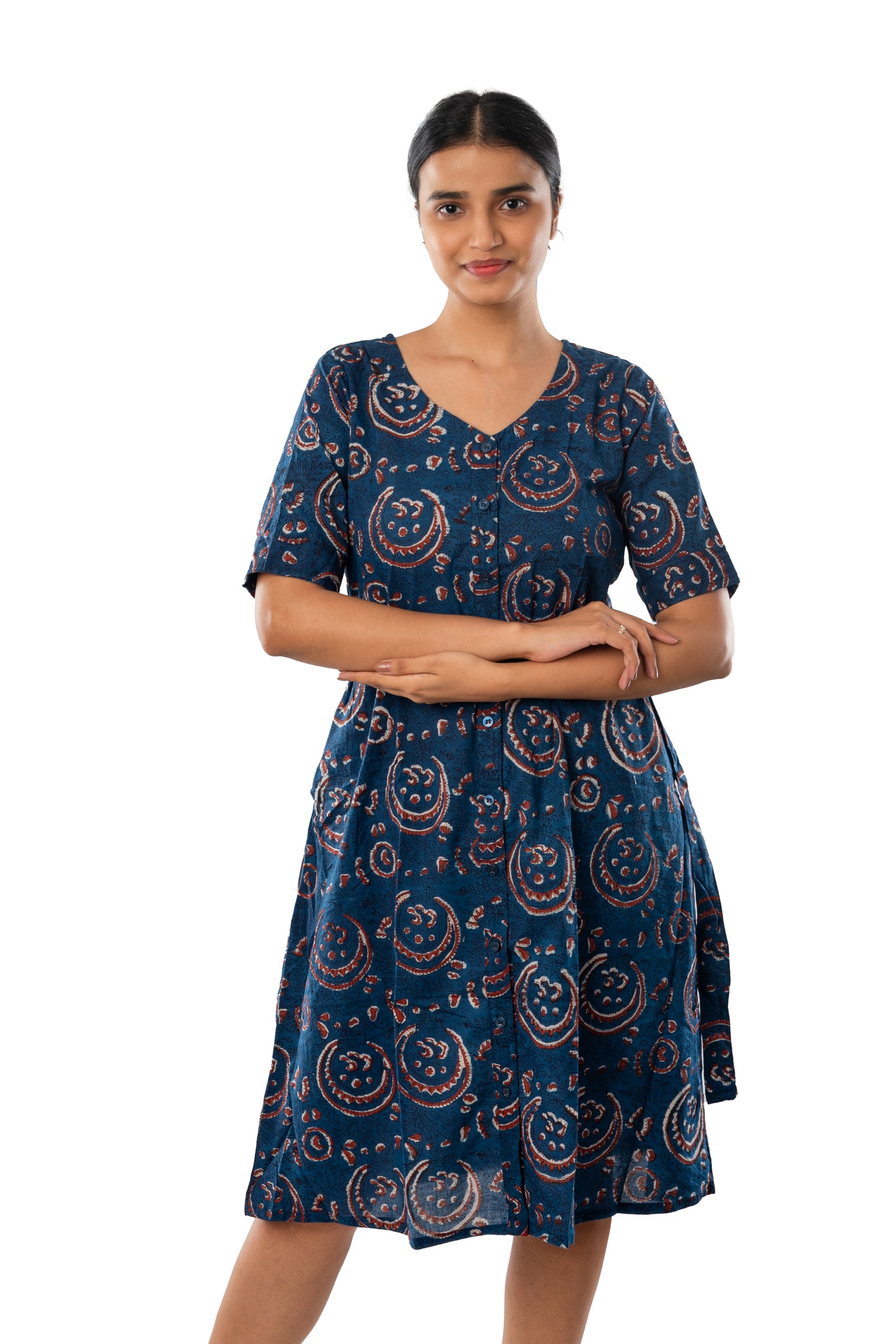 Block Printed Indigo front open One Piece
