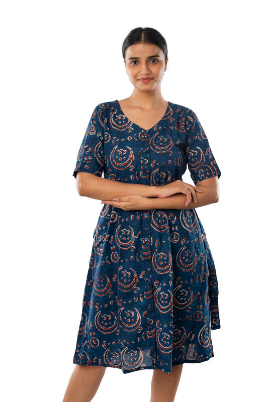 Block Printed Indigo front open One Piece