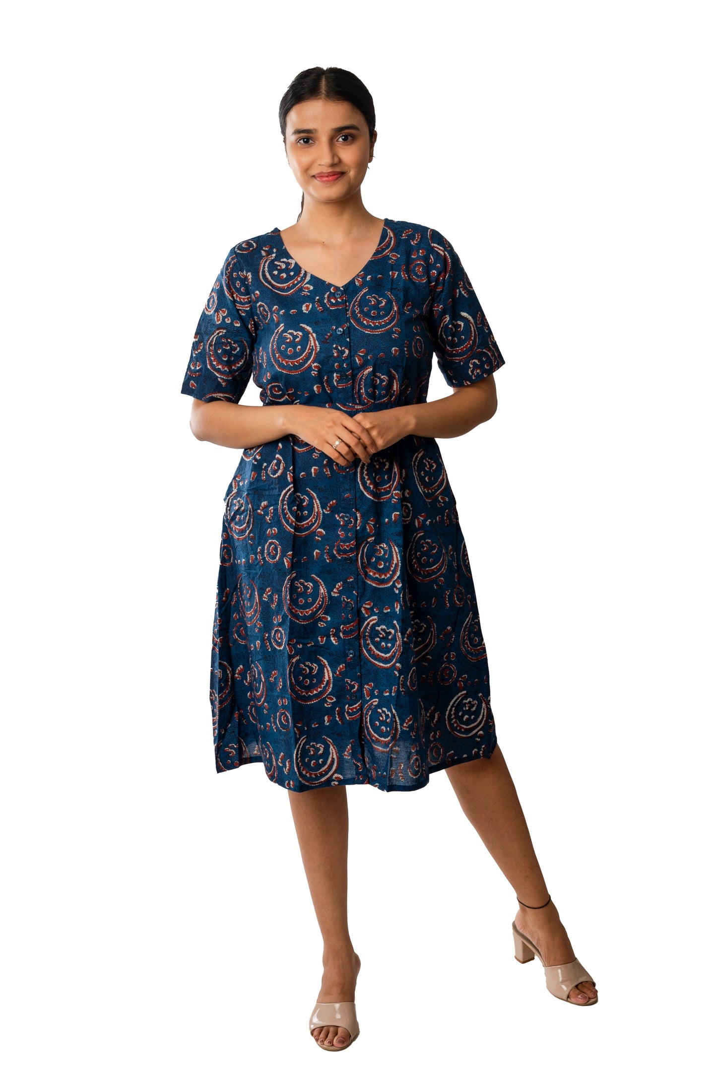 Block Printed Indigo front open One Piece